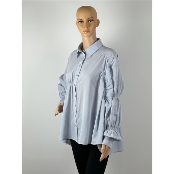 Ruffle Long Sleeve Asymmetrical Oversized Button-up Blouse - Picture 2 of 11